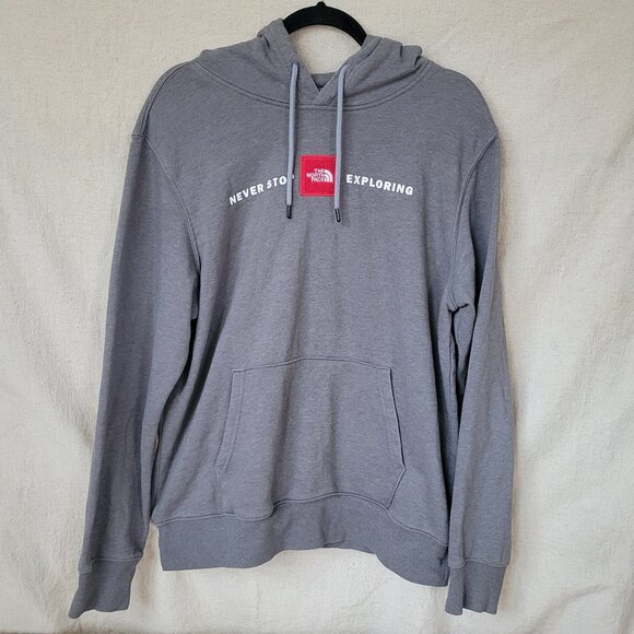 North Face Hoodie Men's Large Gray Pullover Never Stop Exploring Logo Sweatshirt - Picture 1 of 4